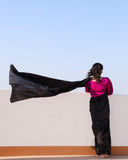 Shireen Black Striped Saree with Magenta Blouse For Women