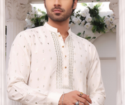 White Color Mirror Embroidery Self Cotton Fabric Kurta Pajama For Men