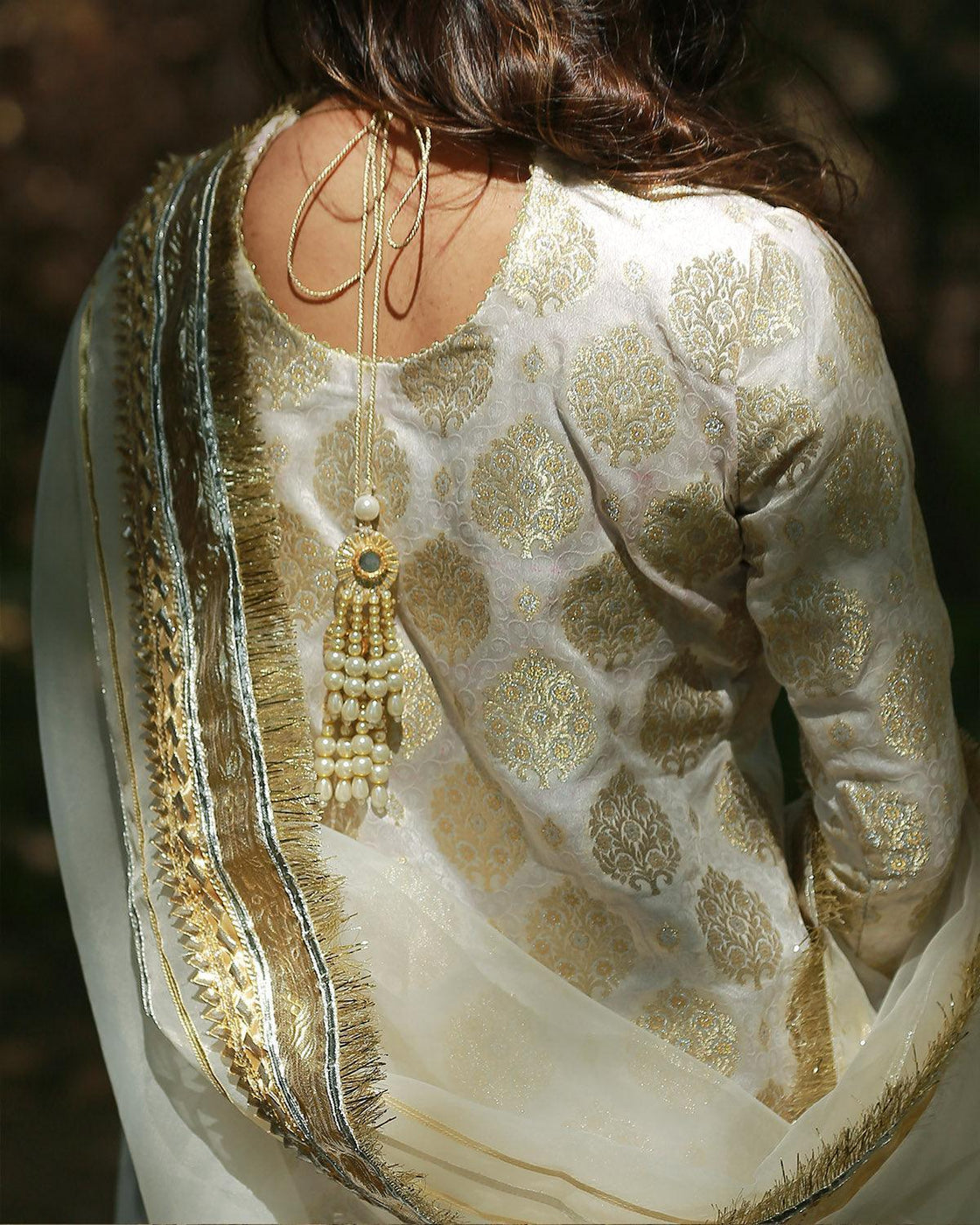 Saahiba – 3 Piece Off-White Satin Brocade Gharara Set For Women