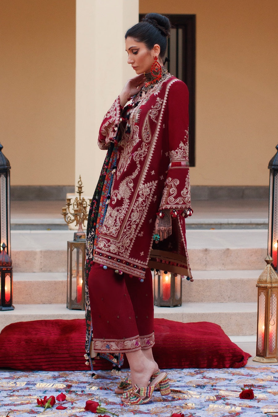 Vivid Scarlet Moroccan Embroidered Unstitched Suit For Women