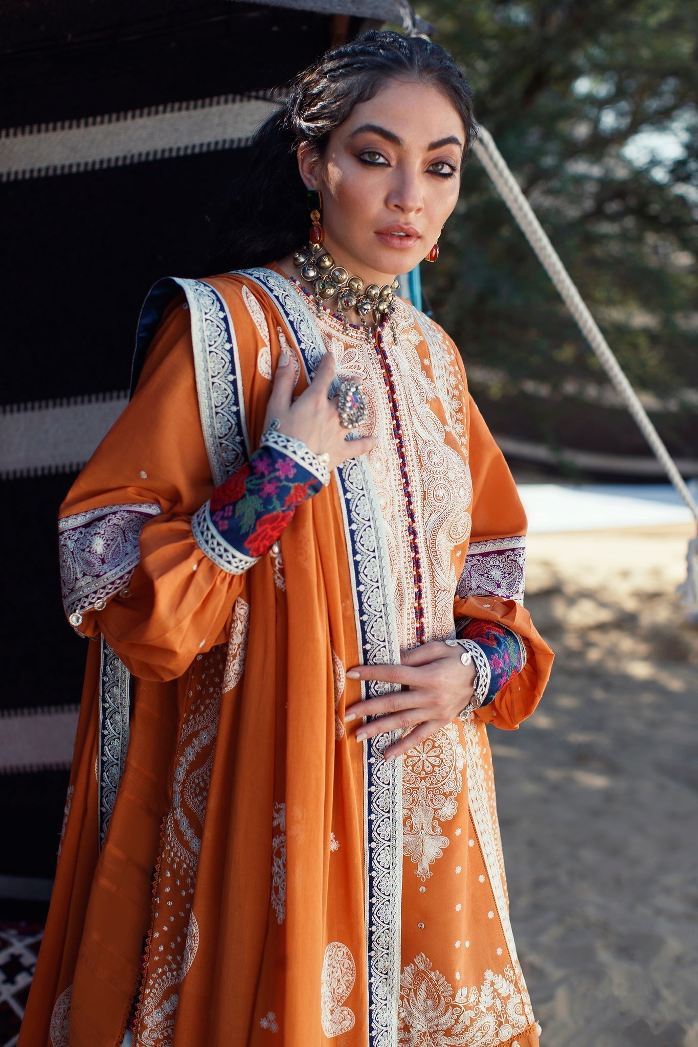 Vivid Orange Moroccan Embroidered Unstitched Suit For Women
