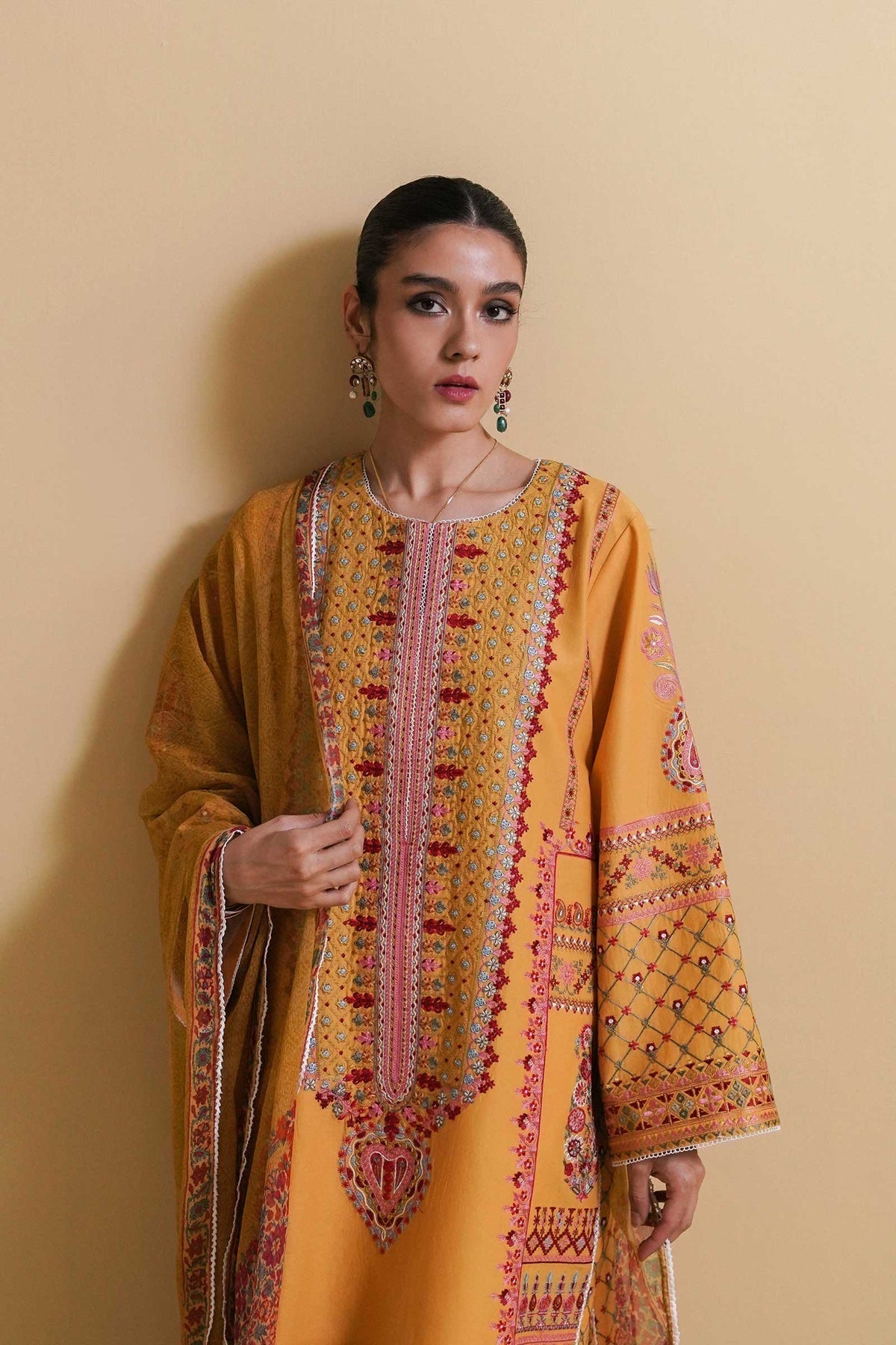 Orange Lawn Yard-Embroidered Unstitched Suit/Dress For Women
