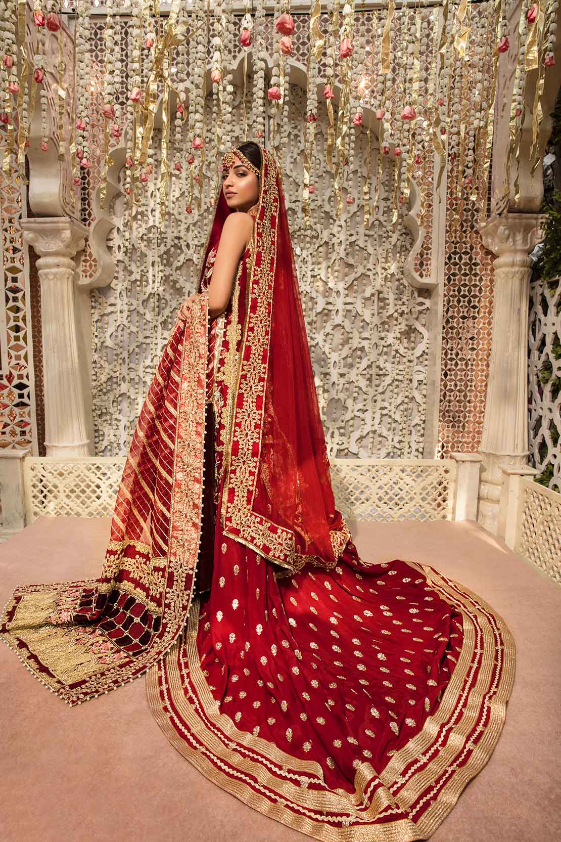Scarlet Color Marori Worked Unstitched Bridal Suit For Wedding