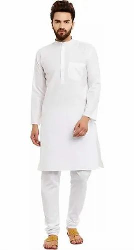 White Color Cotton Sherwani-Collar Kurta Shalwar Suit For Men