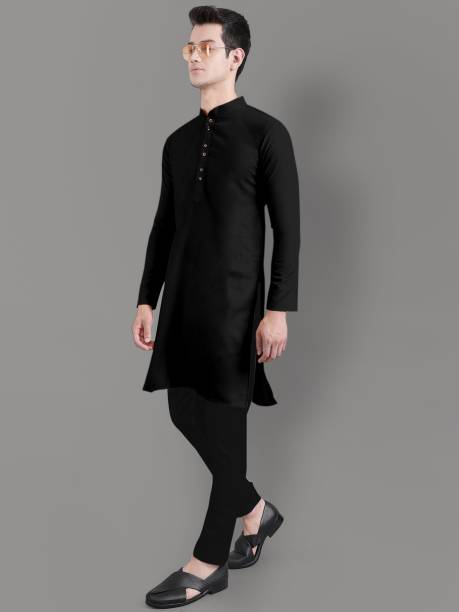 Black Color Cotton Sherwani-Collar Kurta Shalwar Suit For Men