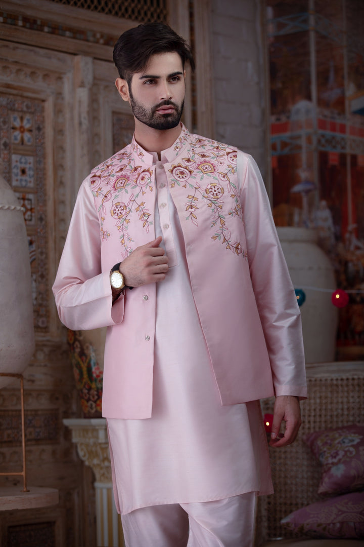 Pink Color Pure Silk Ankar Embroidered Wedding Meraki Waistcoats For Men