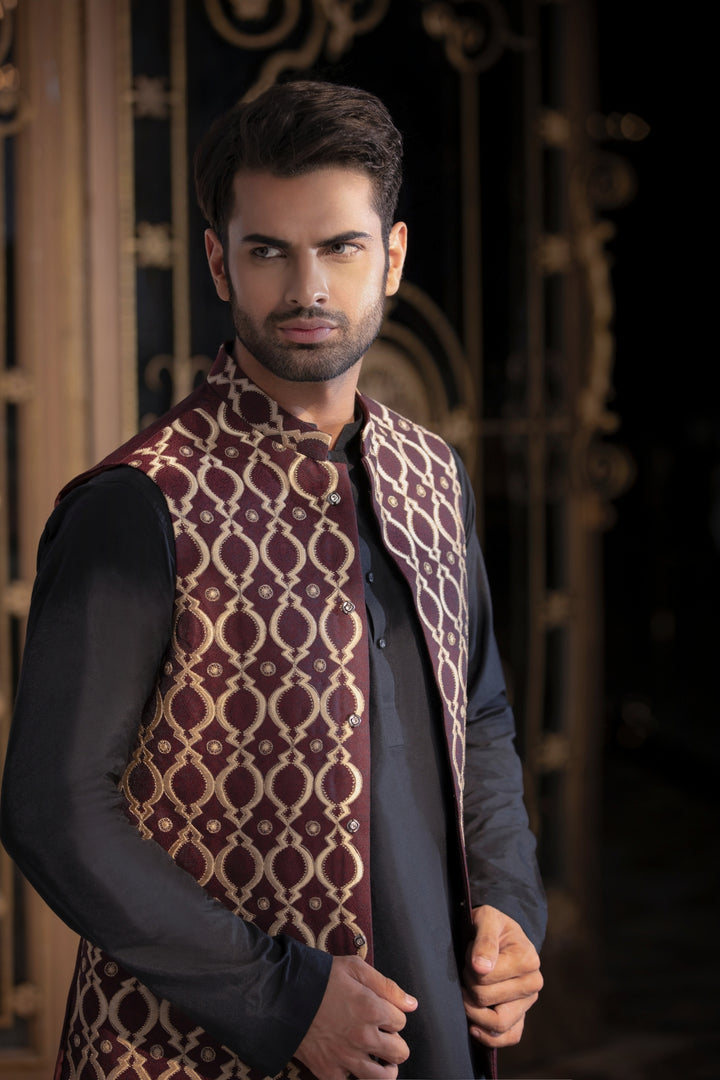 Maroon Color Pure Silk Resham Embroidered Wedding Waistcoats For Men