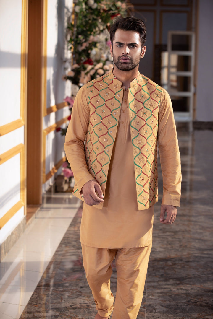 Golden Color Raw Silk Embroidered Wedding Meraki Waistcoats For Men