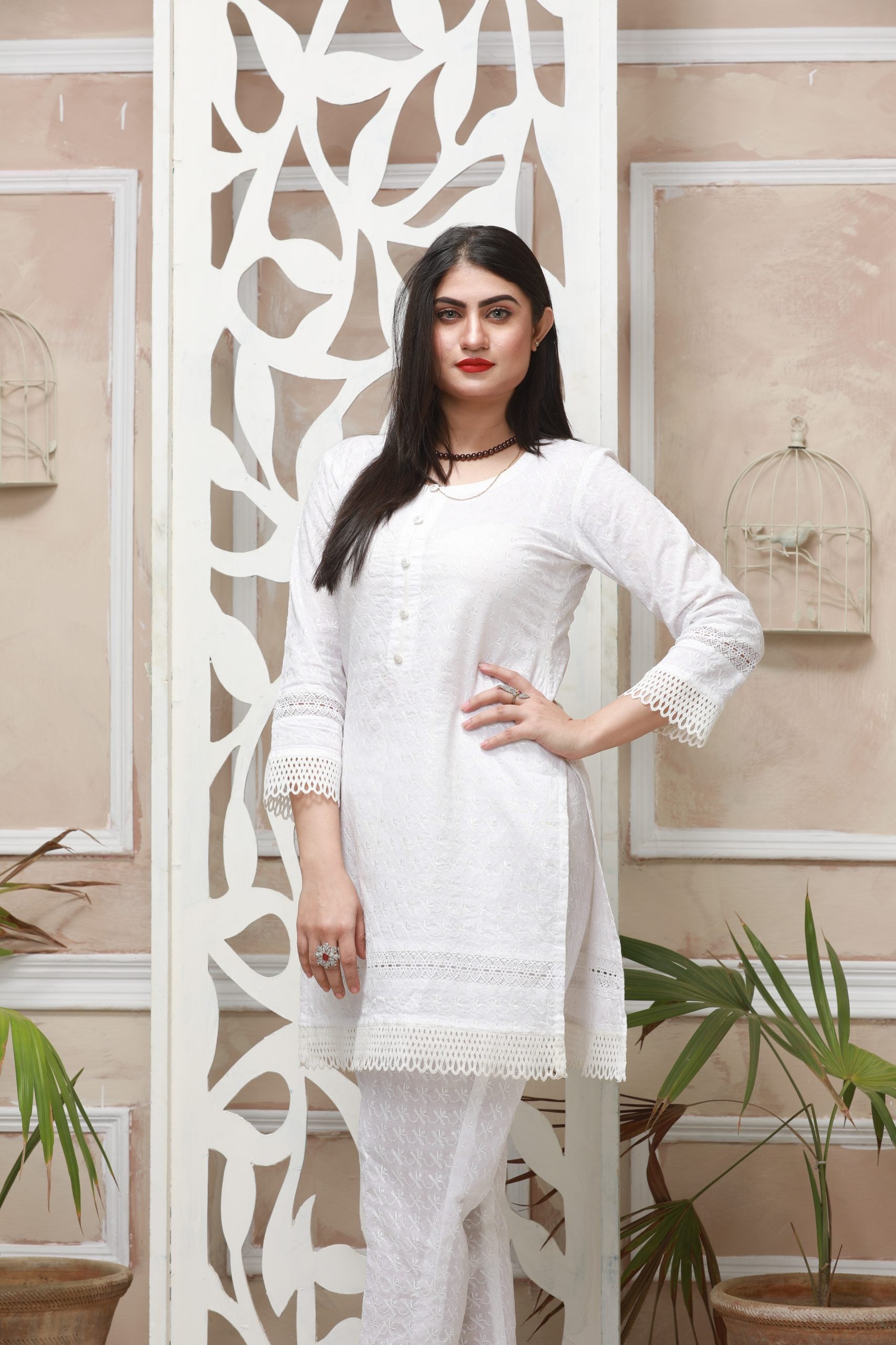 Womens new designer white cotton blend chikankari gown with dupatta