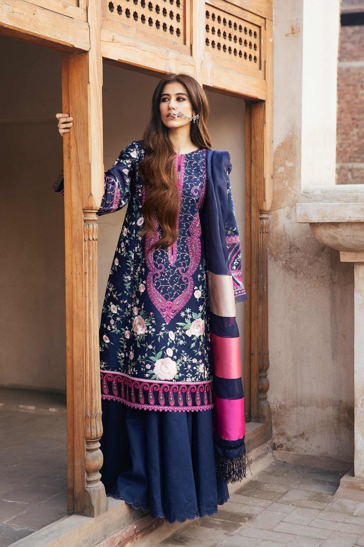 Navy Blue Lawn Floral Embroidered Unstitched Suit/Dress For Women