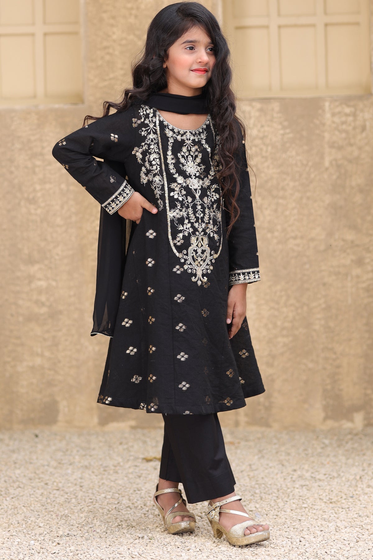 Charming Black Color Jacquard Fabric Embroidered Dresses For Girls