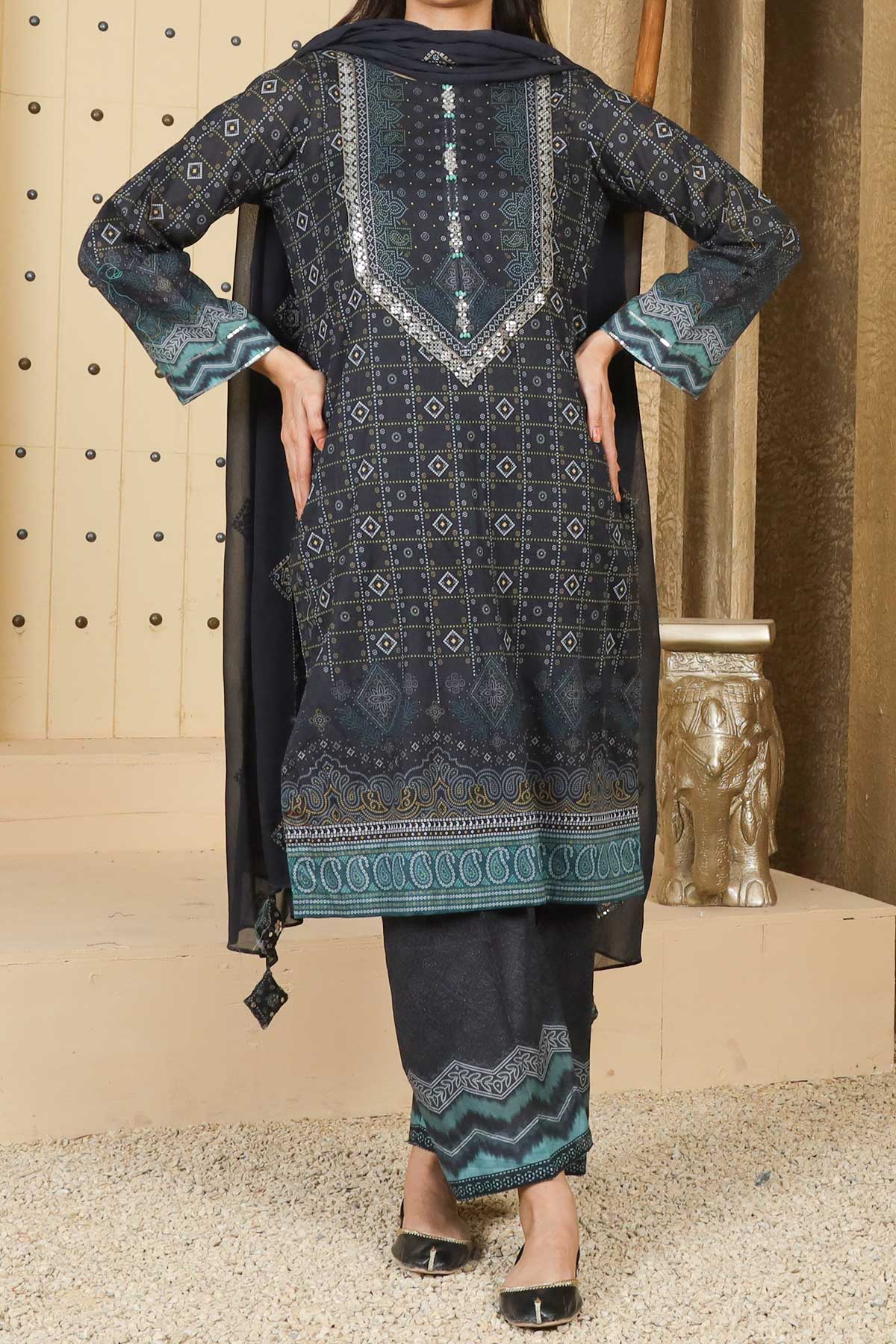 Deep Black Color Embroidered Lawn Suit For Women