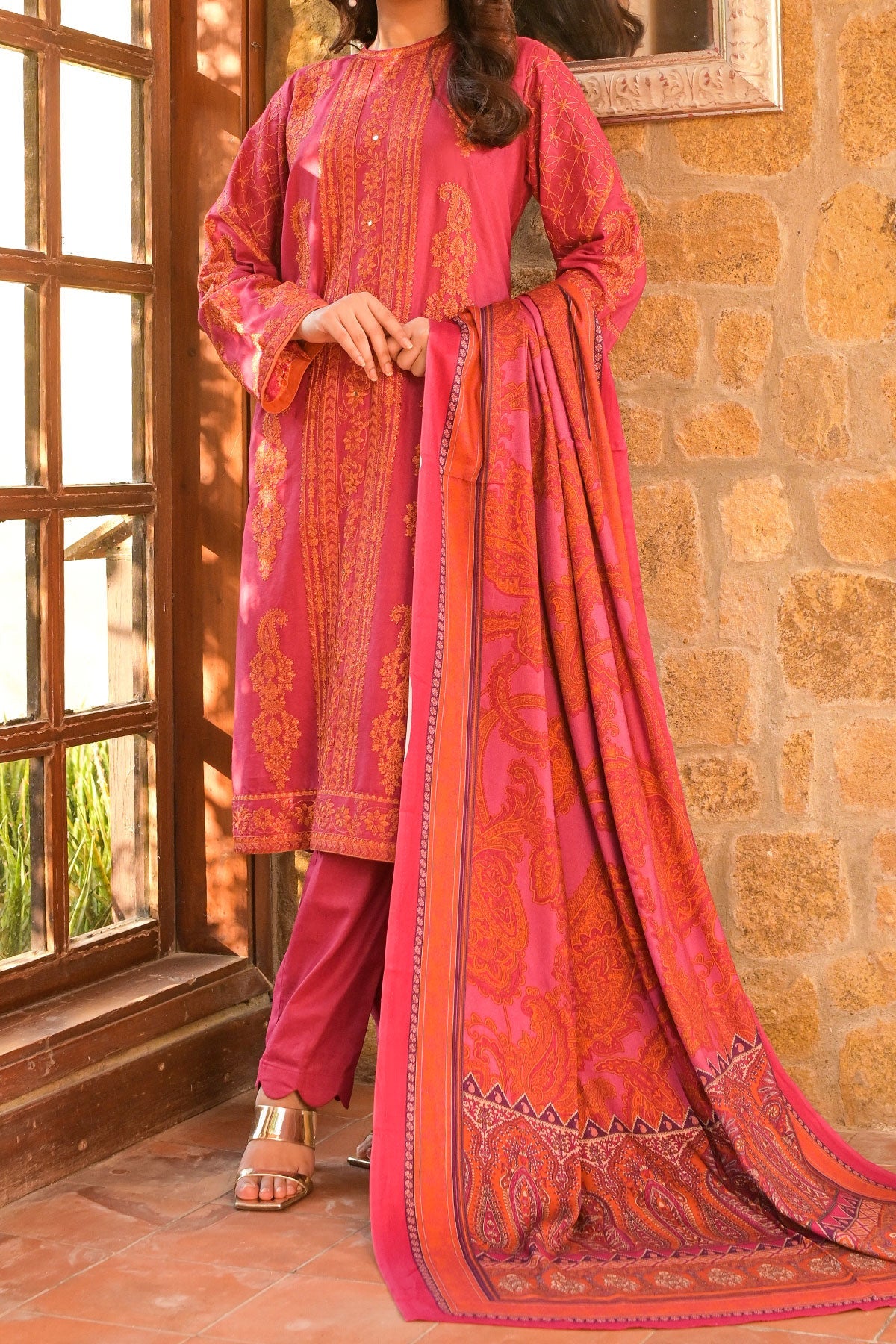 Pink Color Embroidered Khaddar Casual Suit For Women