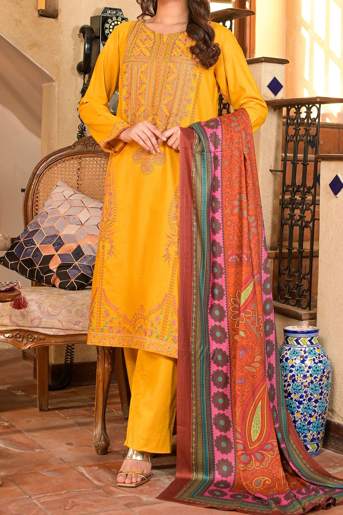 Yellow Color Embroidered Khaddar Casual Suit For Women