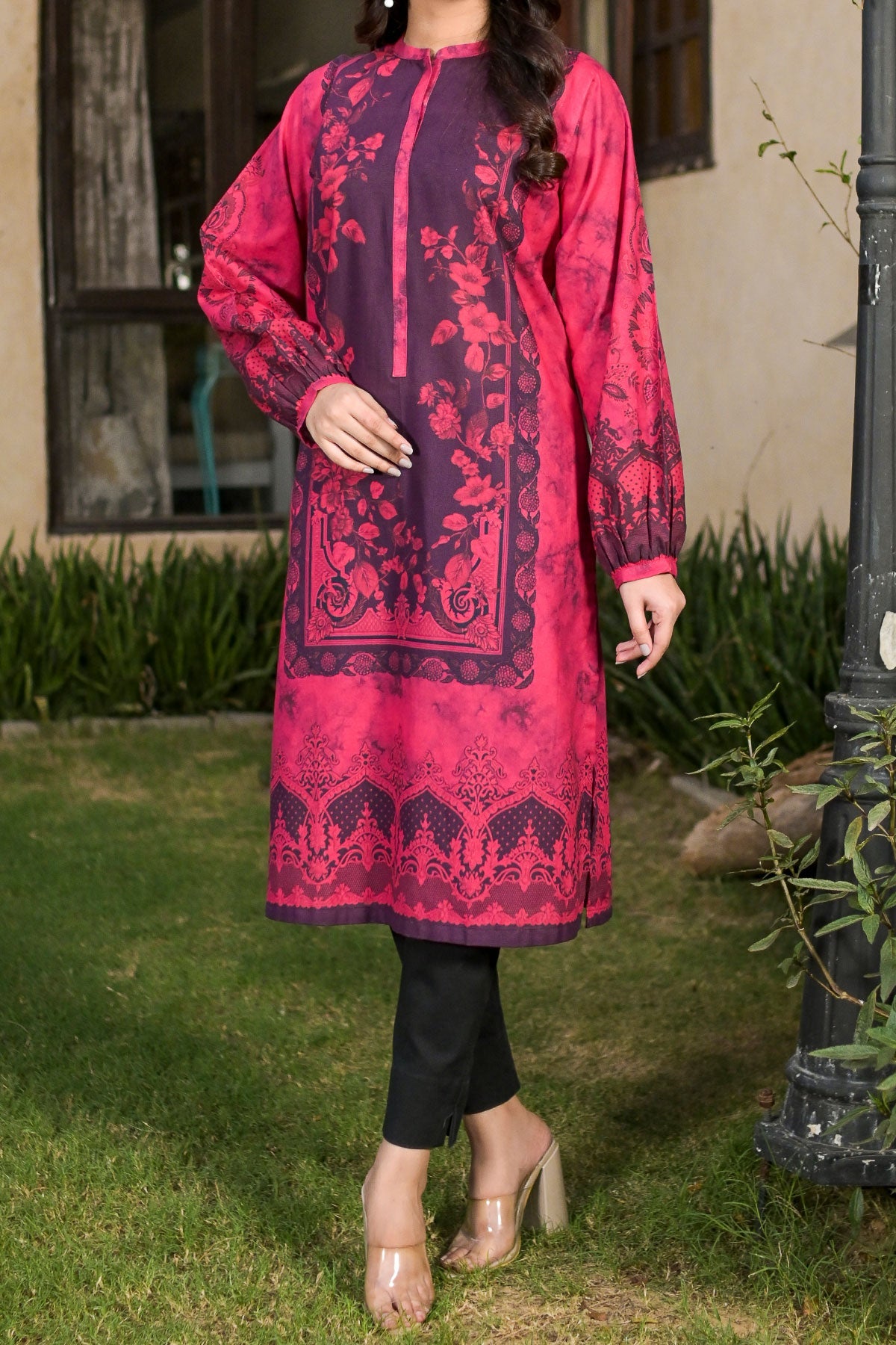 Pink Color Printed Khaddar Shirt/Kurti For Women