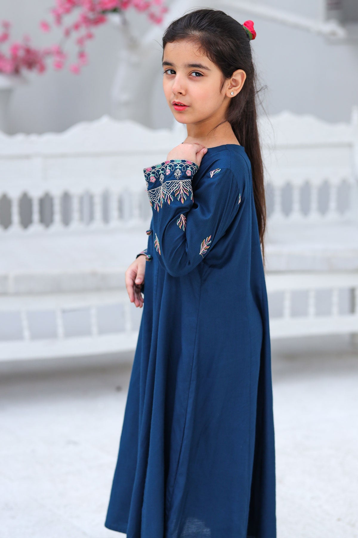 Navy Blue Linen Embroidered Frock For Girls