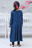 Navy Blue Linen Embroidered Frock For Girls