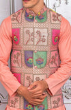 Light Pink Color Raw Silk Resham Embroidered Meraki Wedding Waistcoats For Men