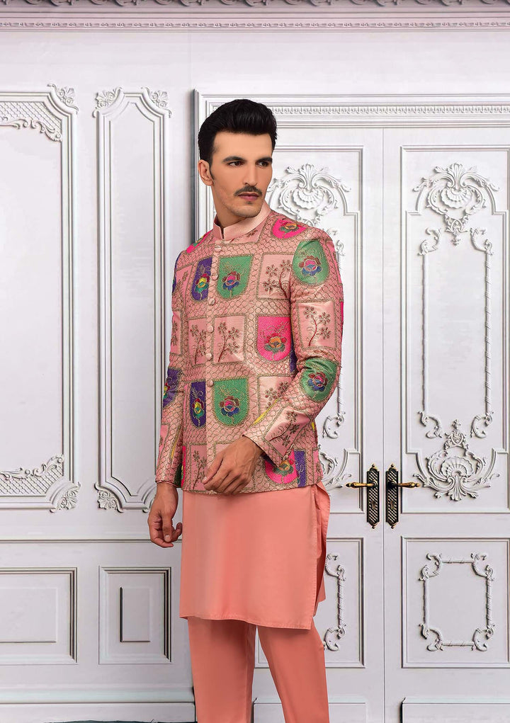 Multi Color Masoori Floral Embroidered Prince Coat For Men