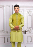 Mehndi Color Raw Silk Resham Embroidered Meraki Wedding Waistcoats For Men