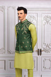 Dark Green Color Raw Silk Resham Embroidered Meraki Wedding Waistcoats For Men