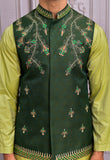 Dark Green Color Raw Silk Resham Embroidered Meraki Wedding Waistcoats For Men