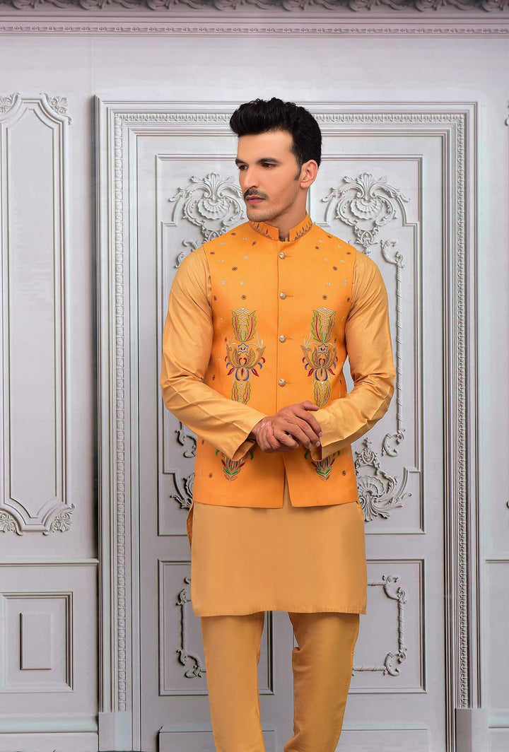 Orange Color Raw Silk Resham Embroidered Meraki Wedding Waistcoats For Men