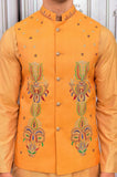 Orange Color Raw Silk Resham Embroidered Meraki Wedding Waistcoats For Men