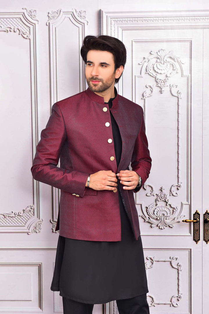 Maroon Color Jamawar Prince Coat For Men