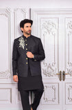 Black Jamawar Floral Embroidered Prince Coat For Men