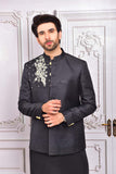 Black Jamawar Floral Embroidered Prince Coat For Men