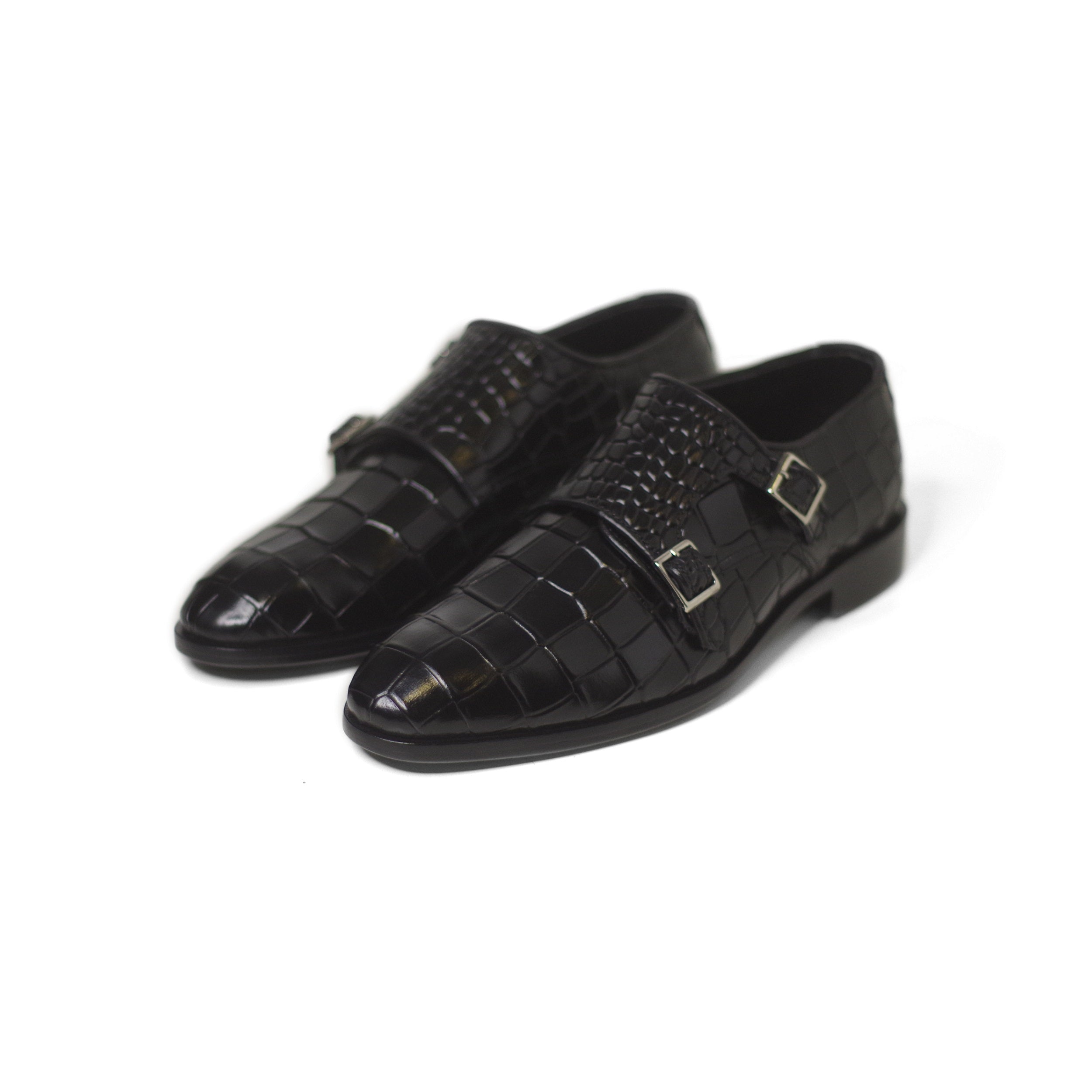 Black Crocodilian Design Shiniest Leather Hand-Crafted Caesar Shoes/Loafers For Men