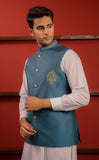 Light Blue Color Raw Silk Embroidered Meraki Wedding Waistcoats For Men