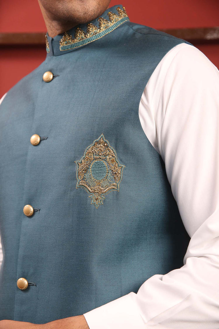 Light Blue Color Raw Silk Embroidered Meraki Wedding Waistcoats For Men