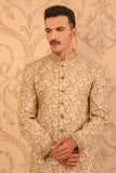 Golden Jamwar With Floral Hand-Embroidery Groom Sherwani For Festive/Weddings