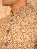 Golden Jamwar With Floral Hand-Embroidery Groom Sherwani For Festive/Weddings