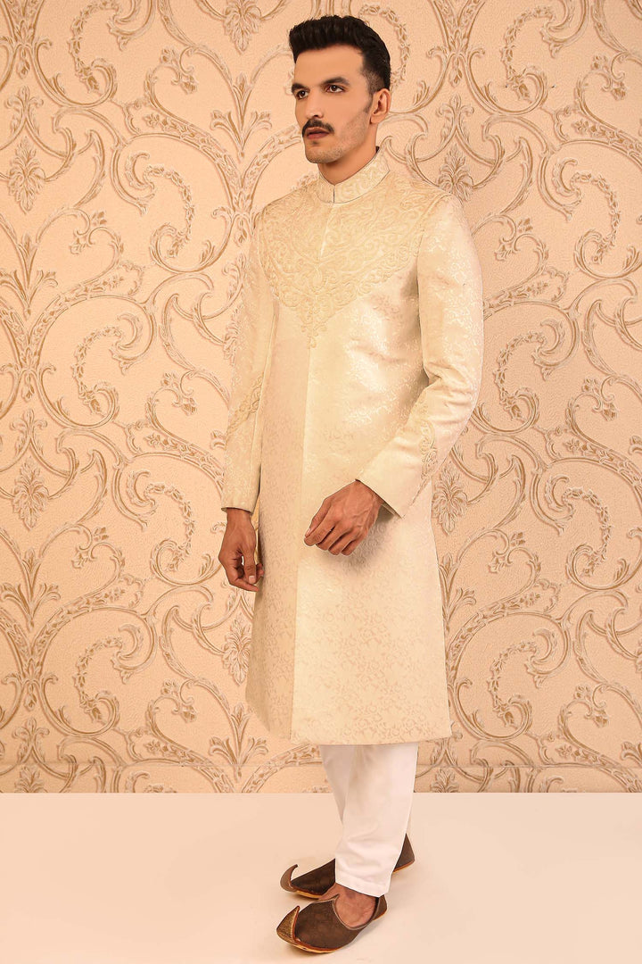 Off-White Masoori Thread-Embroidered Groom Sherwani For Weddings/Festive