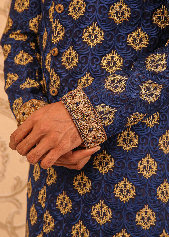 Blue Jamwar Hand-Embroidery Groom Sherwani For Weddings/Festive