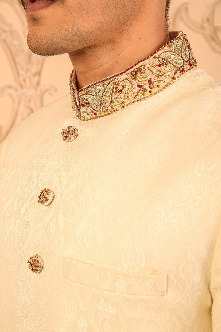 Golden Jamwar Hand-Embroidery Groom Sherwani For Weddings/Festive