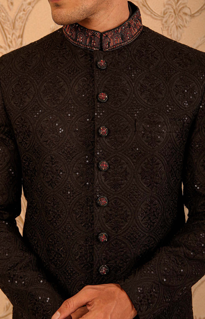 Black Masoori Mirror & Hand-Embroidery Groom Sherwani For Weddings/Festive