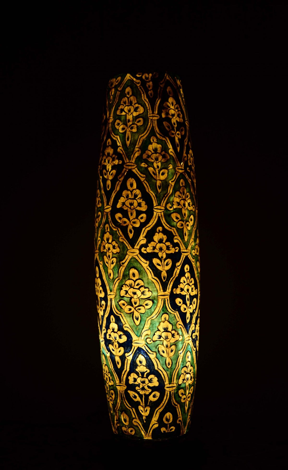 Exquisite Blue Multani Kashi Tube Shaped Camel Skin Lamp with Naqashi Art