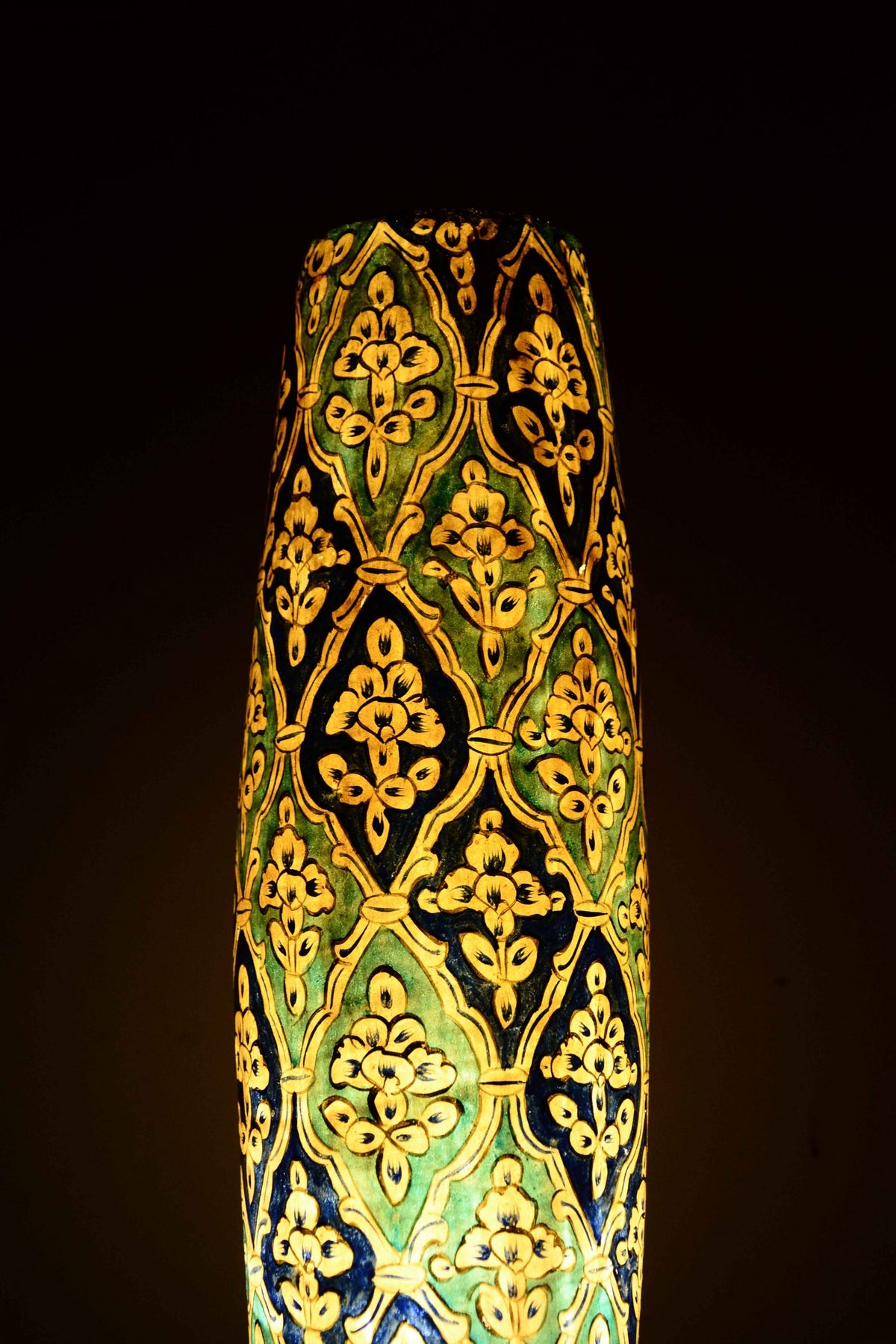 Exquisite Blue Multani Kashi Tube Shaped Camel Skin Lamp with Naqashi Art