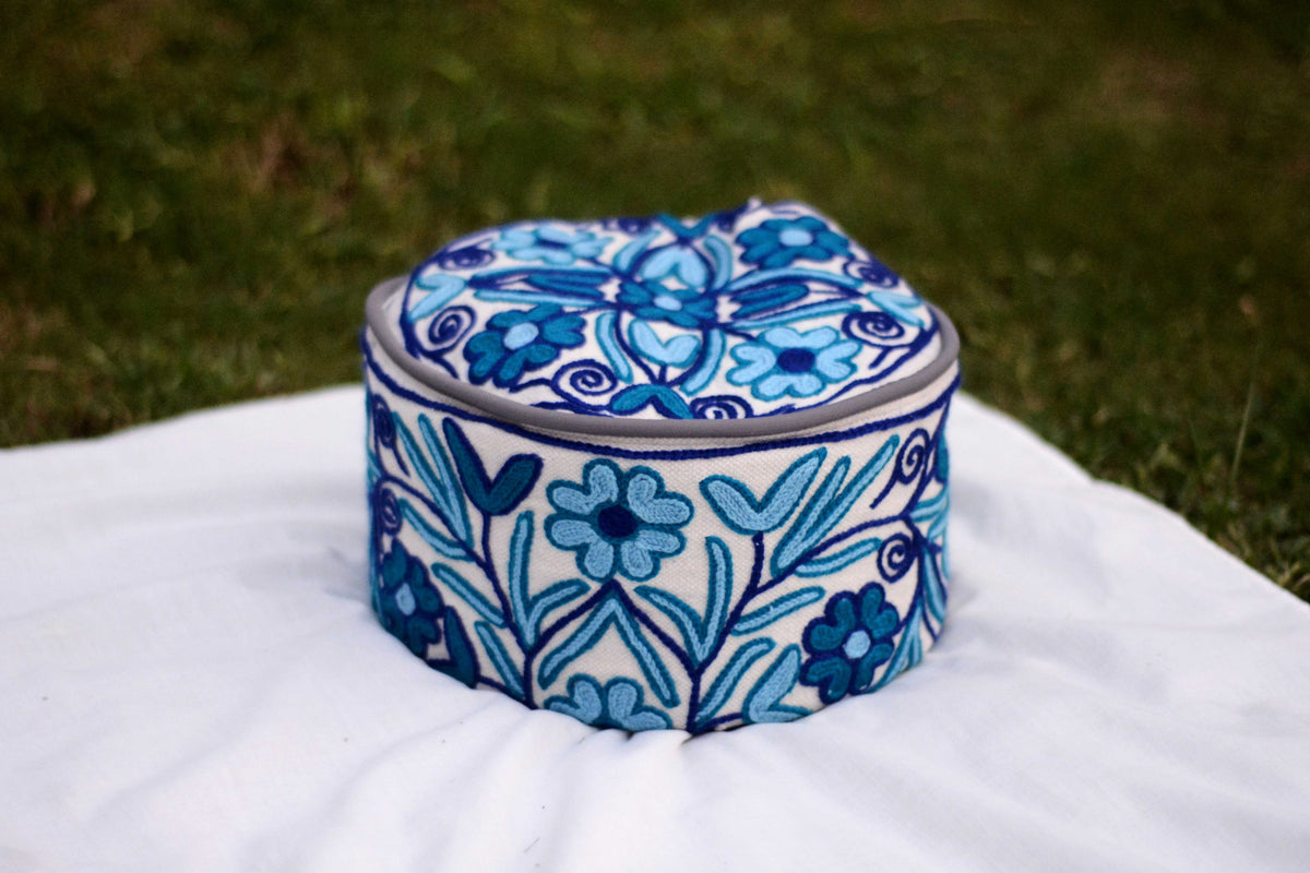 Multi-Coloured Blue Flower Namda Embroidered Hotpot