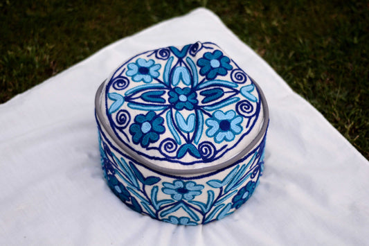 Multi-Coloured Blue Flower Namda Embroidered Hotpot
