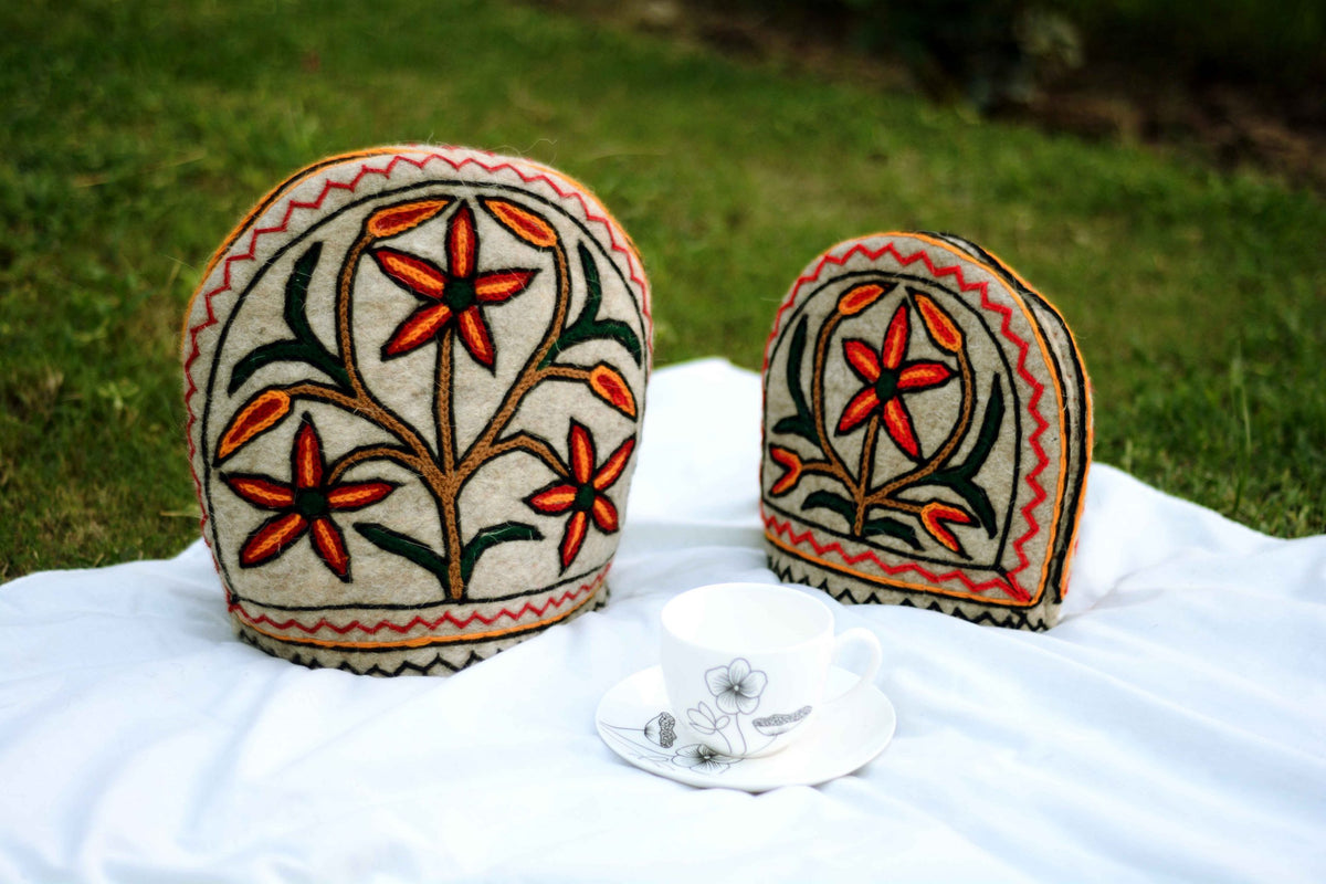 Funky Orange Embroidered Namda Tea Cozy Set of 2
