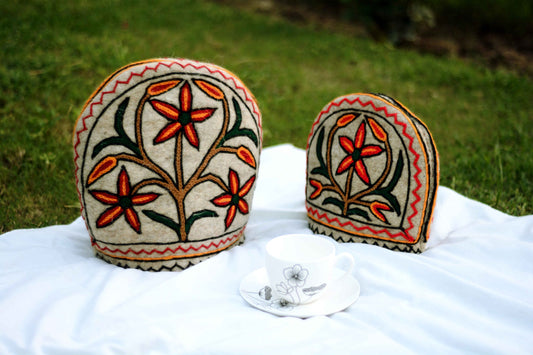 Funky Orange Embroidered Namda Tea Cozy Set of 2