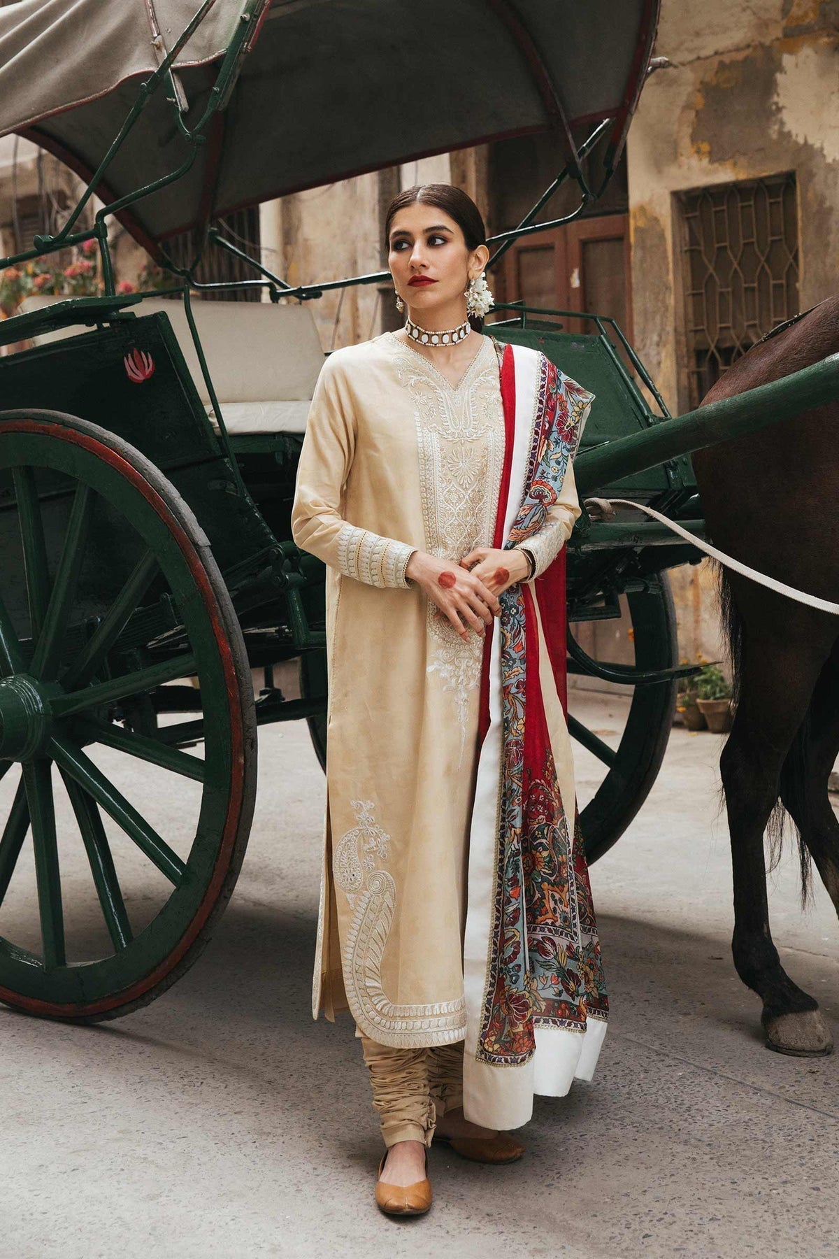 Cream Color Lawn Embroidered Unstitched Suit/Dress For Women