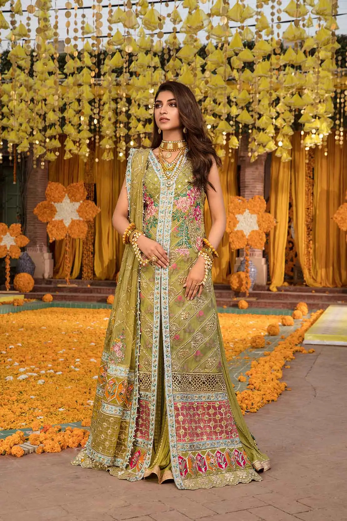 Lime Color Gota-Tarqashi Unstitched Bridal Suit For Wedding