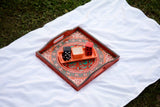 Hand carved Orange Color Swati art Square painted wood tray