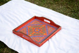 Orange Color Swati Art hand painted square wood tray